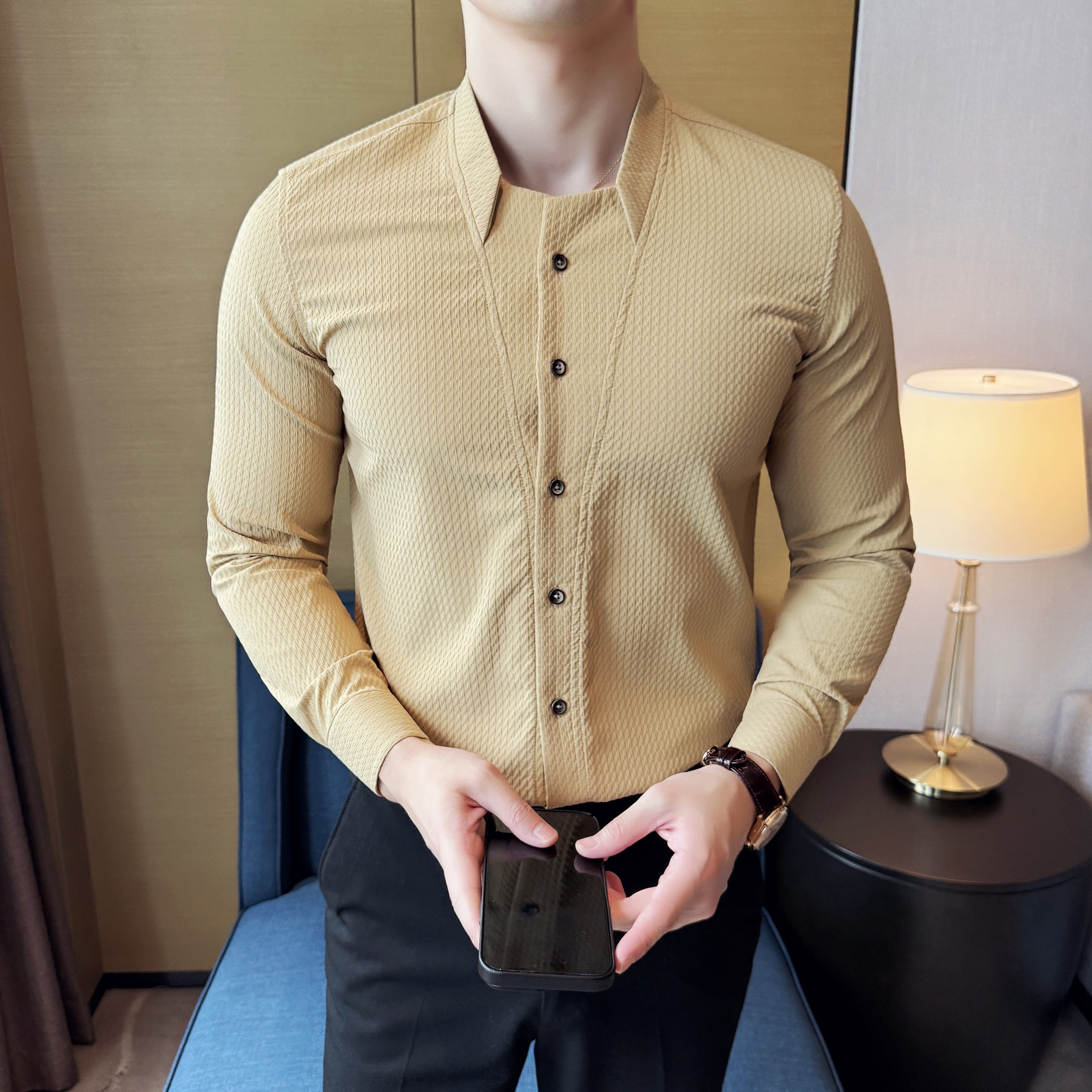 Men's Standing Collar Plaid Long Sleeved Shirt Business Casual Fashion Chinese Style V-neck High-quality Dress Shirt Size 4XL-M