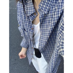 Women’s Vintage Casual American Street Shirt Long Sleeve Slim Fit Tops Button Down Fashion Plaid Shirts Lapel Neck Autumn New