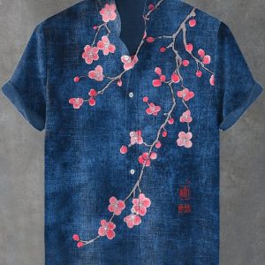 Summer Short Sleeved Linen Shirt, New Men’s Plum Blossom Print Pattern Stand Up Collar Shirt, Street Fashion Social Top