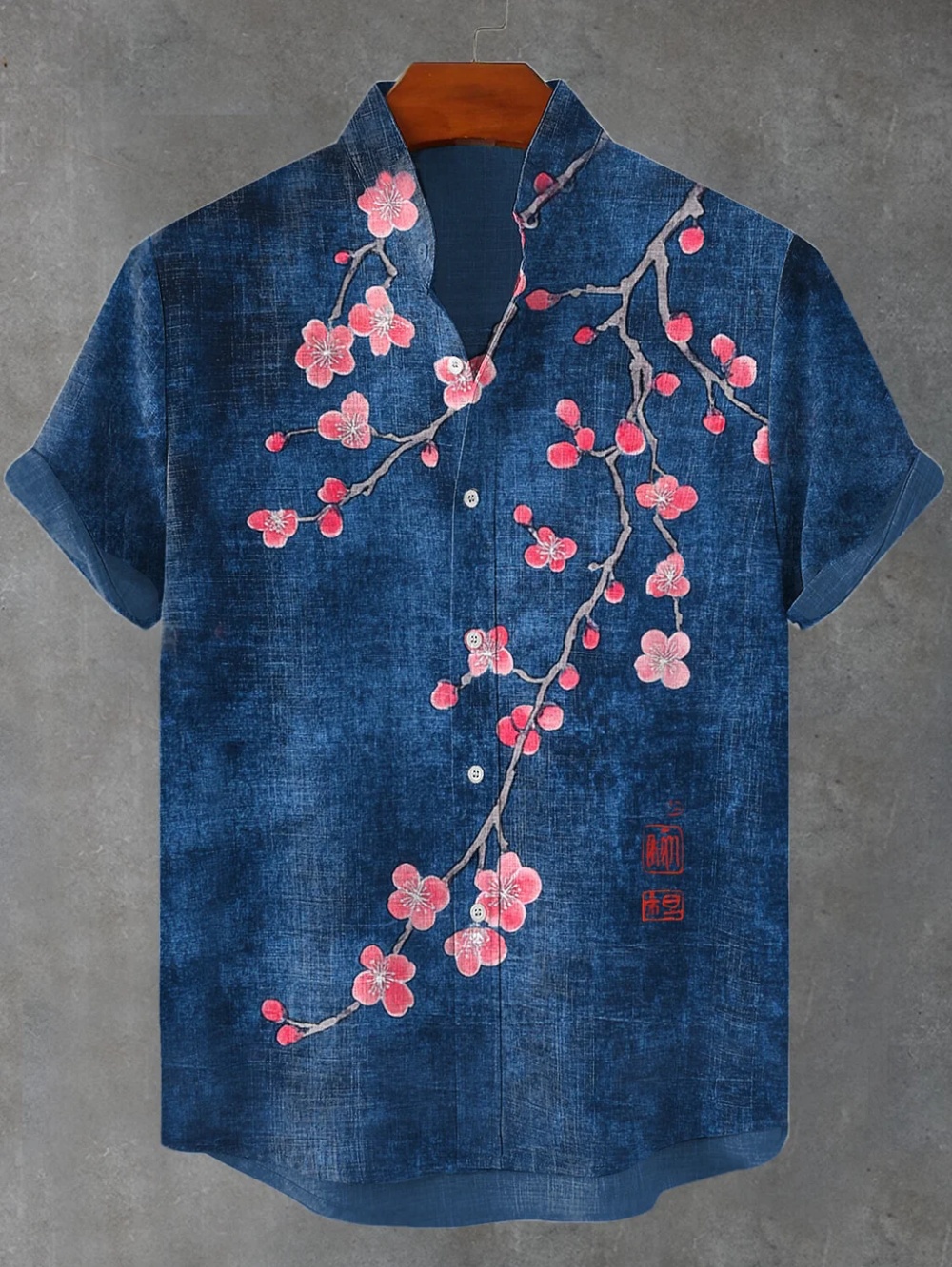 Summer Short Sleeved Linen Shirt, New Men's Plum Blossom Print Pattern Stand Up Collar Shirt, Street Fashion Social Top