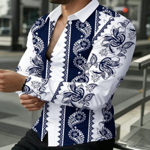 Men’s Fashion Paisley Print Long Sleeve Button Down Shirt Casual Slim Fit Business Party Tops Elegant Vintage Floral Pattern D