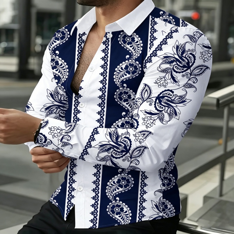 Men's Fashion Paisley Print Long Sleeve Button Down Shirt  Casual Slim Fit Business Party Tops  Elegant Vintage Floral Pattern D