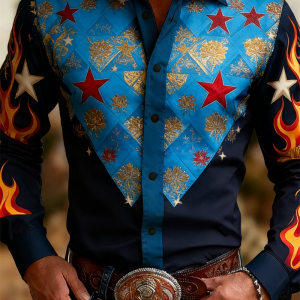 New men’s Long Sleeved Shirt With Western Lapel  3D Star Print Flower Pattern  Soft And Comfortable men’s Top