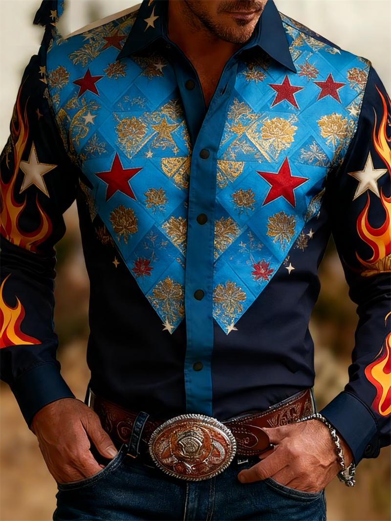 New men's Long Sleeved Shirt With Western Lapel  3D Star Print Flower Pattern  Soft And Comfortable men's Top