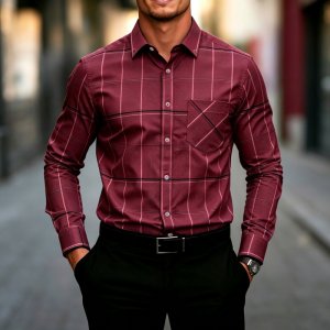 New Men’s Long Sleeved Shirt with Lines, Plaid Print, Chest Pocket, Button up Cardigan, Slim Fit, Trendy and Versatile Men’s Top