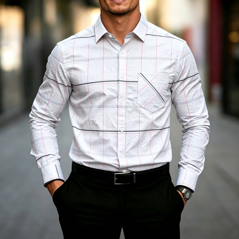 New Men's Long Sleeved Shirt with Lines, Plaid Print, Chest Pocket, Button up Cardigan, Slim Fit, Trendy and Versatile Men's Top