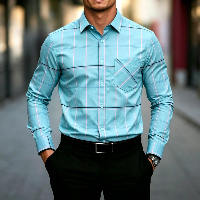 New Men's Long Sleeved Shirt with Lines, Plaid Print, Chest Pocket, Button up Cardigan, Slim Fit, Trendy and Versatile Men's Top