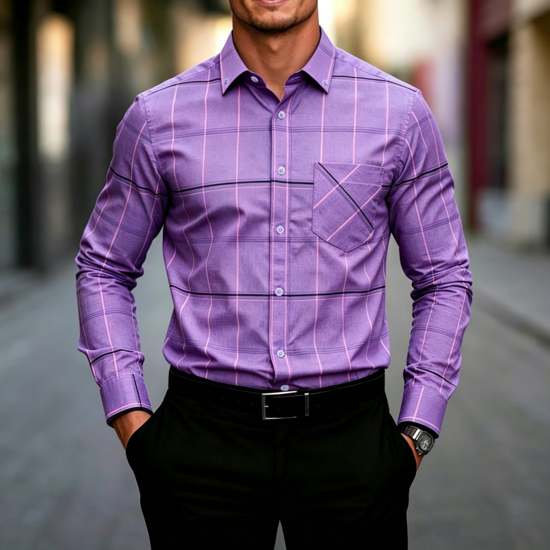 New Men's Long Sleeved Shirt with Lines, Plaid Print, Chest Pocket, Button up Cardigan, Slim Fit, Trendy and Versatile Men's Top