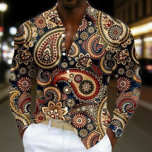 New men’s Retro Ethnic Style Long Sleeved Shirt With Pink Orange Purple Gradient Paisley Spiral Pattern Lapel Top