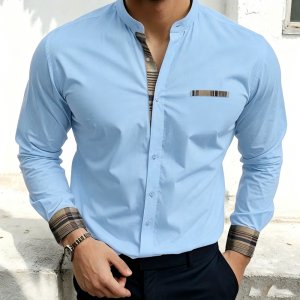 Men’s new stand up collar white shirt with retro plaid stitching, light luxury texture, business casual long sleeved top XS-6XL