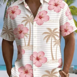 Men’s Coconut Tree Beach Ocean Print Short Sleeve Shirt Spring Summer Vacation Blouse Loose Casual Top