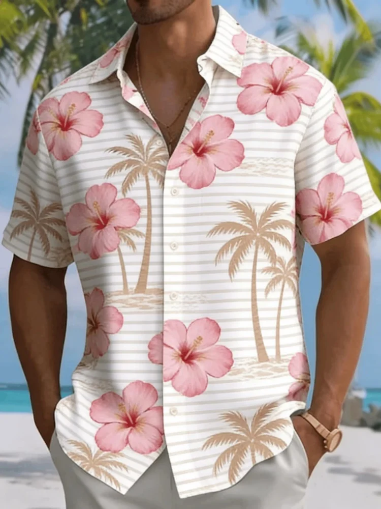 Men's Coconut Tree Beach Ocean Print Short Sleeve Shirt Spring Summer Vacation Blouse Loose Casual Top