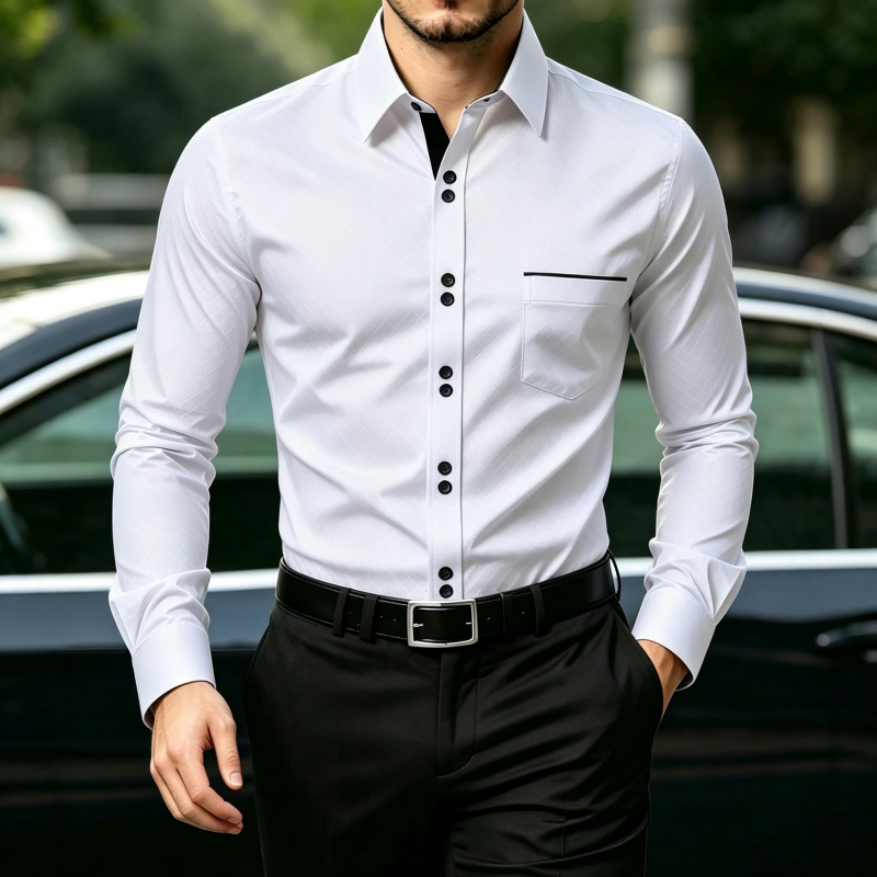 New men's long sleeved shirt with dark plaid print and black button top, suitable for business, daily party wear and men's shirt