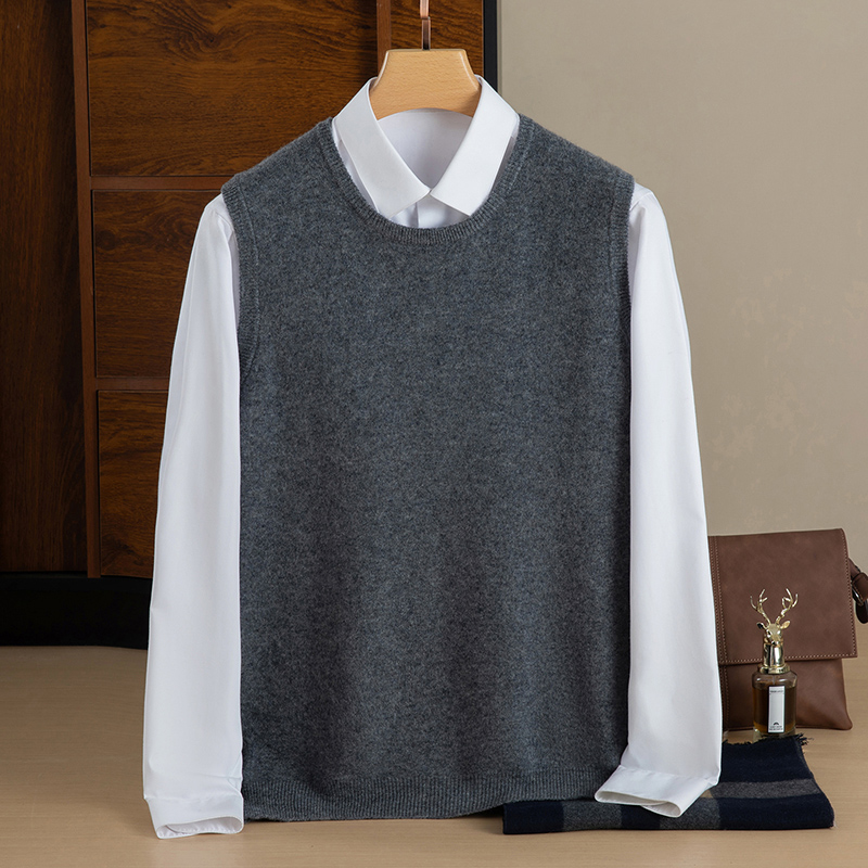 Men's Round Neck Vest in Spring and Autumn, 100% Wool Medium Thick Vest, Warm and Versatile,Fashionable