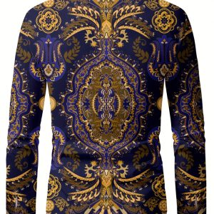 2027 New Men’s Retro Fashion Long Sleeve Shirt Casual Collar Button Shirt Men’s Ethnic Printed Shirt