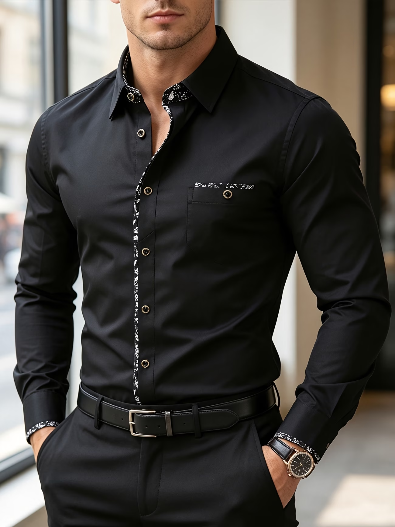 New men's long-sleeved Shirt Printed With Small Rhombus On Black Background Business Style Slim Casual Shirt