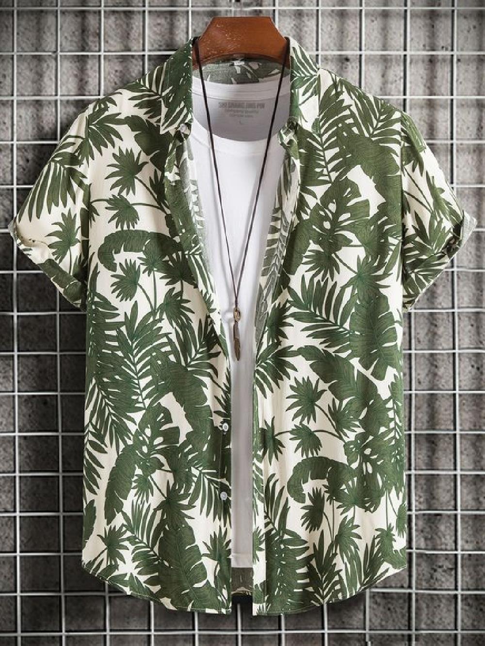 Men's short sleeved shirt new summer Hawaiian style lapel button up casual fashion large size