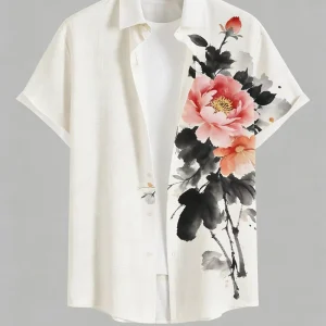 Men’s Summer Light Color Short Sleeve Shirt Natural Flower Plant 3D Printed Shirt Men’s Vacation Casual Social Top Men’s