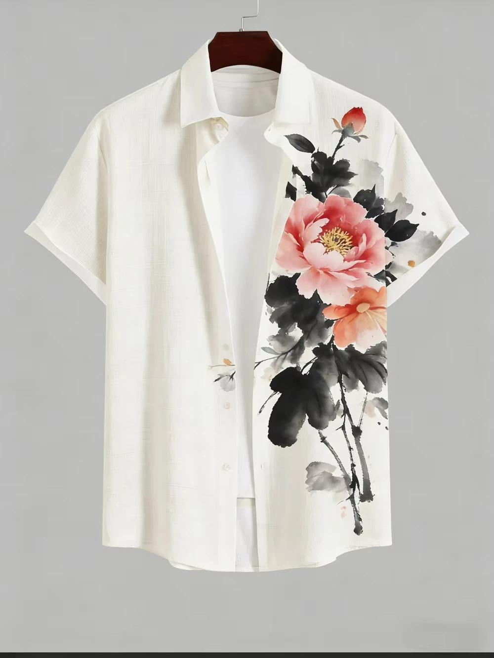 Men's Summer Light Color Short Sleeve Shirt Natural Flower Plant 3D Printed Shirt Men's Vacation Casual Social Top Men's