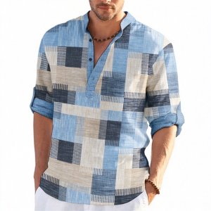 Men’s shirt long sleeved Henry stand collar semi open button geometric color blocked plaid shirt casual vacation men’s top