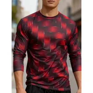 3D Printed Casual Long Sleeve Men’s T Shirt 2026 Black Geometric Grid Pattern Breathable Sports Top Gym Hiking Comfort Fit
