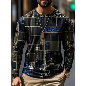3D Printed Casual Long Sleeve Men’s T-Shirt 2026 Fashion Plaid Print Round Neck Pullover Comfortable Polyester Irregular