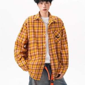 American Style Dopaamine Yellow Plaid Shirt Men’s Women’s Summer Trendy All-Match Open Cardigan Couple Casual Outerwear Top