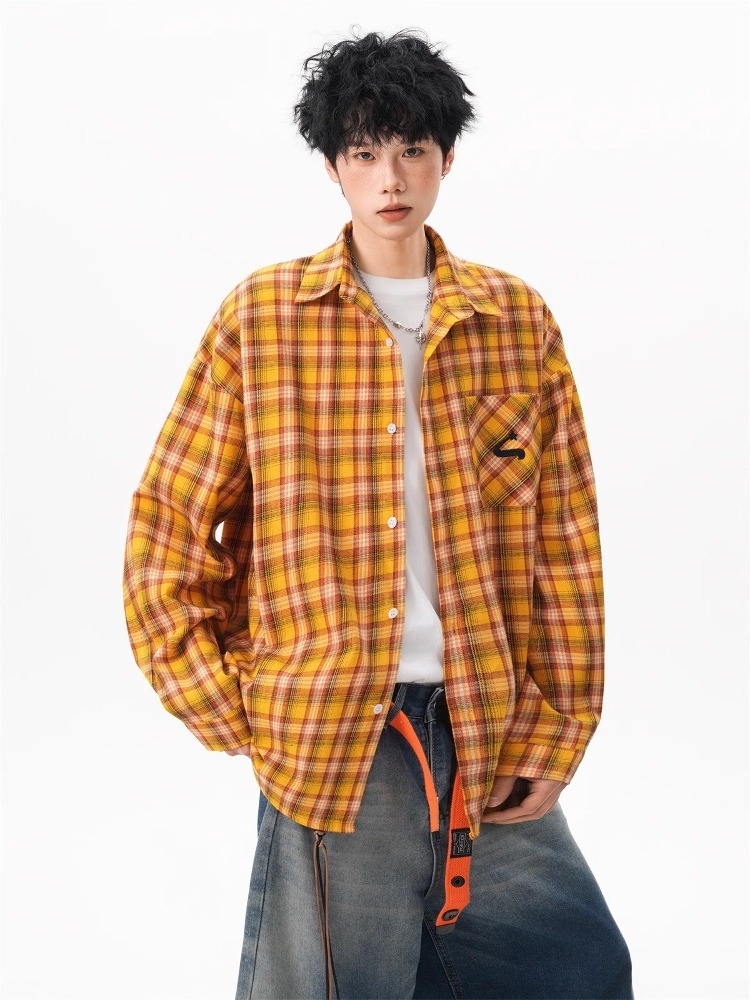 American Style Dopaamine Yellow Plaid Shirt Men's Women's Summer Trendy All-Match Open Cardigan Couple Casual Outerwear Top