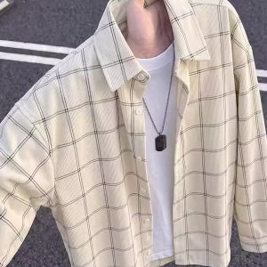 Men’s Plaid Shirt Korean Style Trendy Loose Long Sleeve Corduroy Casual Jacket Hong Kong Style Student Fashionable Versatile