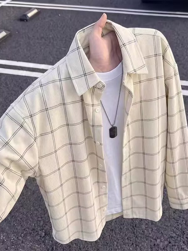 Men's Plaid Shirt Korean Style Trendy Loose Long Sleeve Corduroy Casual Jacket Hong Kong Style Student Fashionable Versatile
