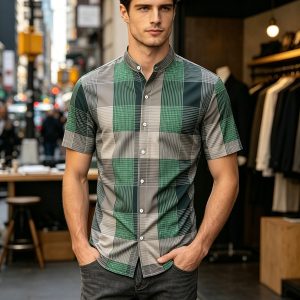 Men’s Standing Collar Plaid Short Sleeved Shirt, Contrasting Retro Casual Top