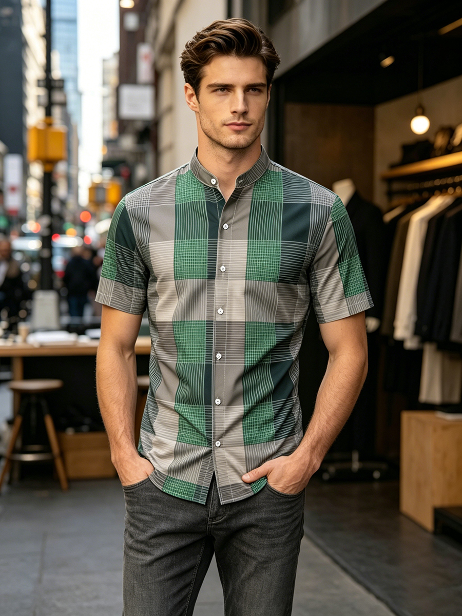 Men's Standing Collar Plaid Short Sleeved Shirt, Contrasting Retro Casual Top