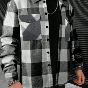Men’s Black and White Large Checkered Long-Sleeve Shirt with Turn-Down Collar, Double Pockets, Single-Breasted, Loose Casual Spring and Autumn Outerwear Shirt