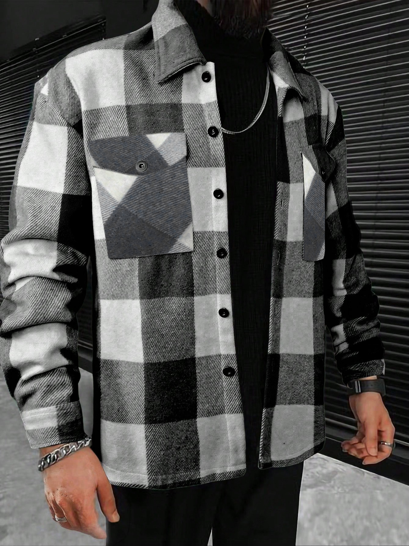 Men's Black and White Large Checkered Long-Sleeve Shirt with Turn-Down Collar, Double Pockets, Single-Breasted, Loose Casual Spring and Autumn Outerwear Shirt