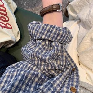 Blue Plaid Shirt Small Outerwear Early Spring New Style Popular Sun Protection Top Loose French Style Long Sleeve  Collar