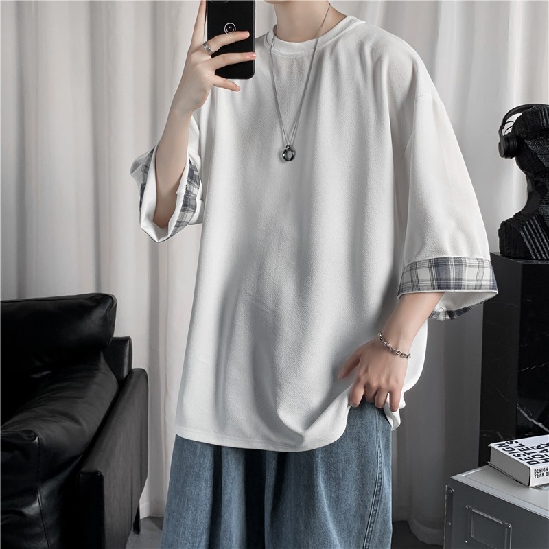 Men T Shirts Summer Men's T-Shirts Women Oversized 3XL Korean Style Loose Plaid T-Shirt Casual Seven Sleeves Tee Male White