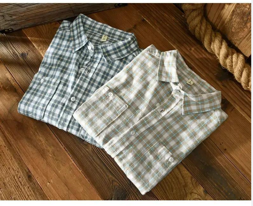 Cotton Shirts Grey Plaid Shirt For Men Korean 2026 Fall Casual Long Sleeve Pocket Tops Shirts
