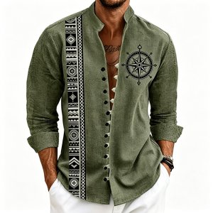 Men’s outdoor travel stand up collar long sleeved shirt with ethnic geometric stripes printed loose men’s casual top XS-6XL size