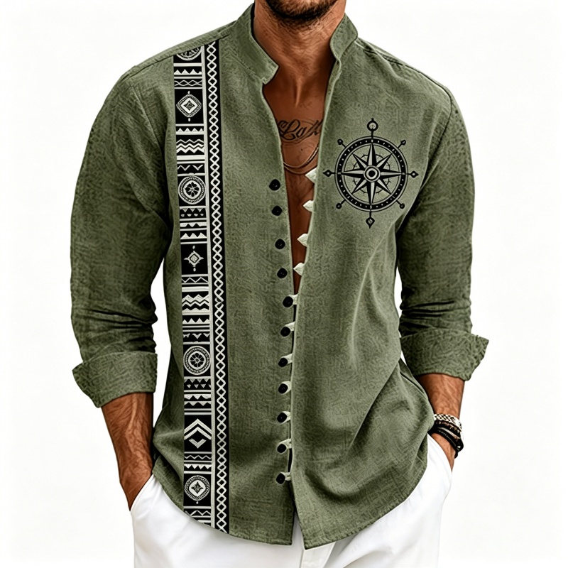 Men's outdoor travel stand up collar long sleeved shirt with ethnic geometric stripes printed loose men's casual top XS-6XL size