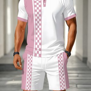 2026 Summer American Men’s Polo Shirt Set for Sporty and Casual Wear Fashionable and Comfortable 3D Check Pattern Print