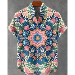 Retro Tribal Totem Pattern Printing Men’s New Linen Comfortable Fabric Short-sleeved Shirt Casual Street Fashion Delivery Super