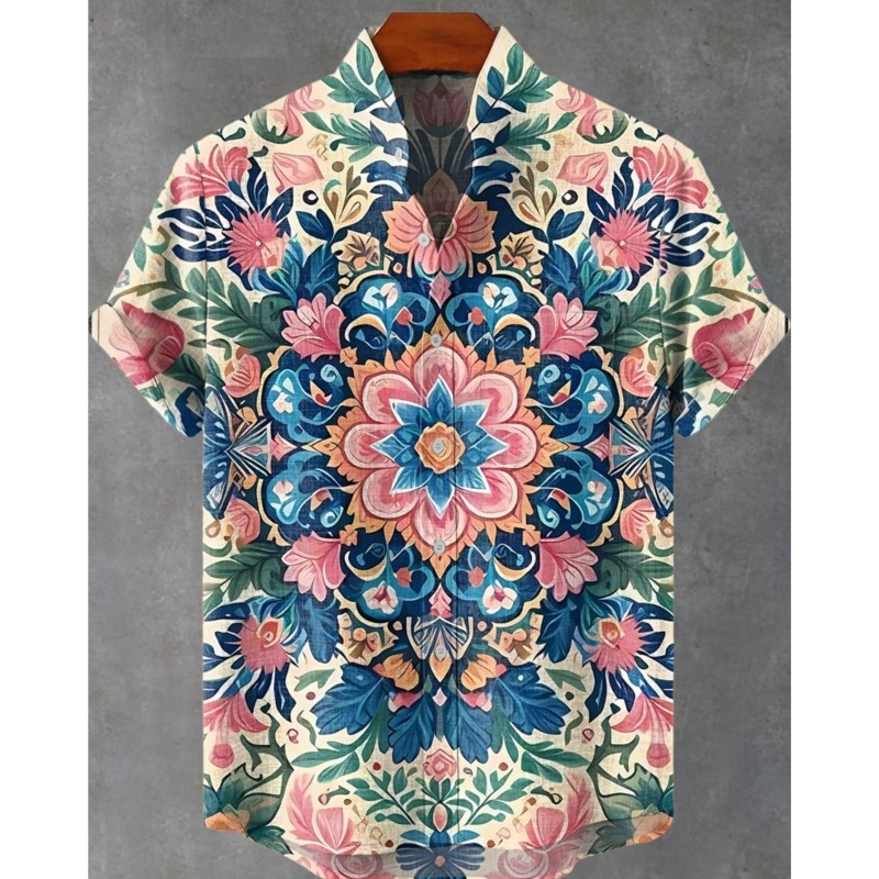 Retro Tribal Totem Pattern Printing Men's New Linen Comfortable Fabric Short-sleeved Shirt Casual Street Fashion Delivery Super