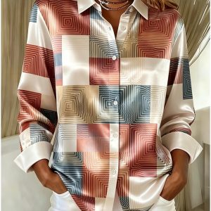 Women Retro Color Block Geometric Plaid Print Lapel Collar Long Sleeve Shirt Loose Button Down Casual Office Blouse Tops