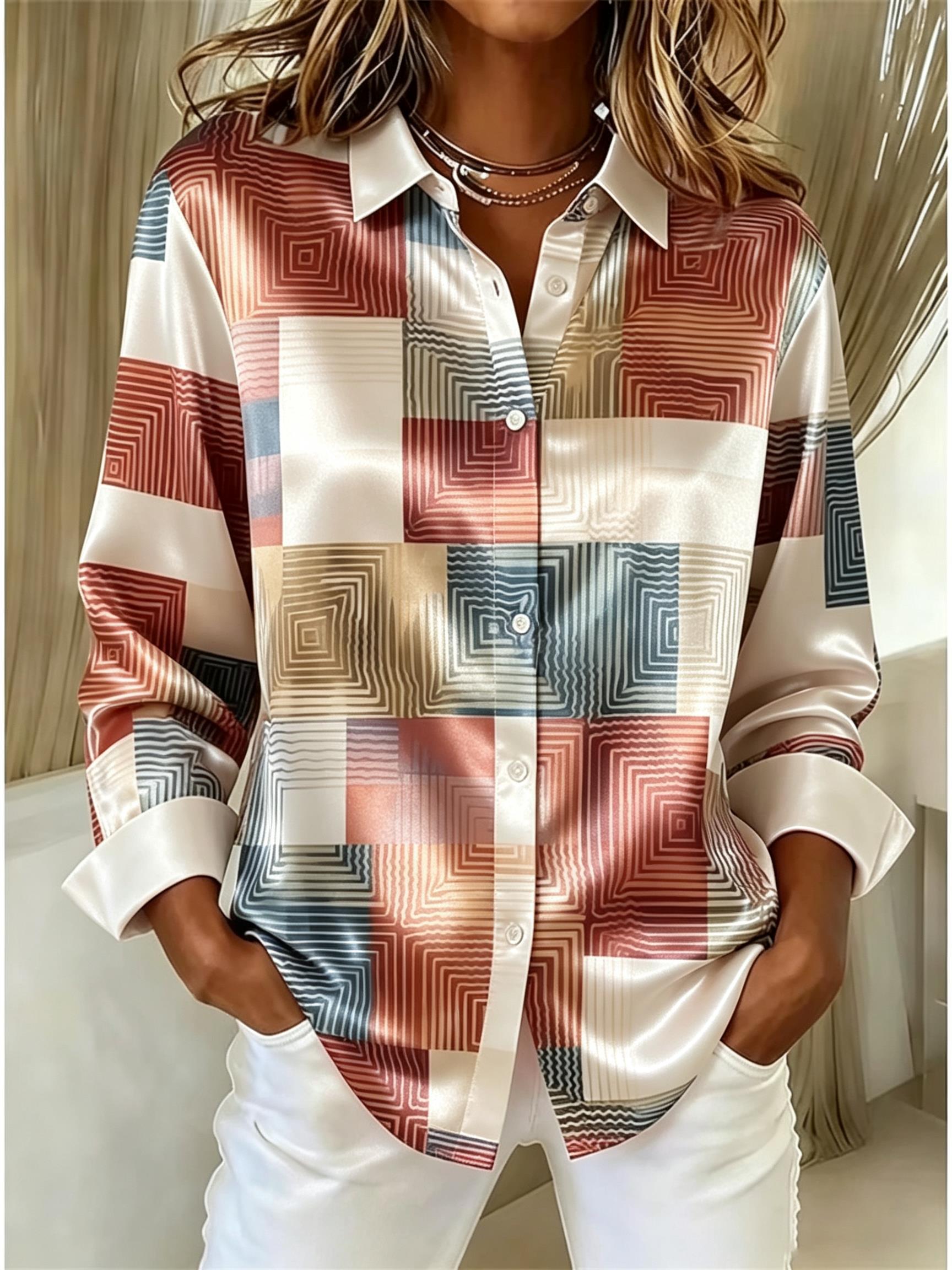 Women Retro Color Block Geometric Plaid Print Lapel Collar Long Sleeve Shirt Loose Button Down Casual Office Blouse Tops