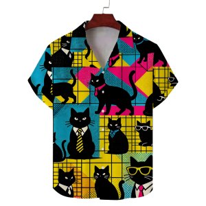 Men’s Shirt Line Cat Geometric Dot Print New Minimalist Camp Collar Short Sleeve Light Fabric Casual Daily Male Outfits