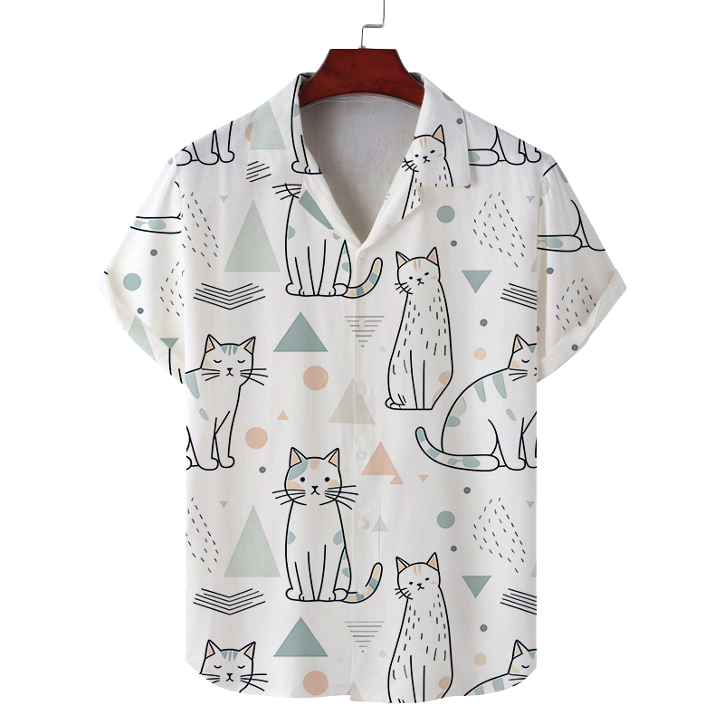 Men's Shirt Line Cat Geometric Dot Print New Minimalist Camp Collar Short Sleeve Light Fabric Casual Daily Male Outfits