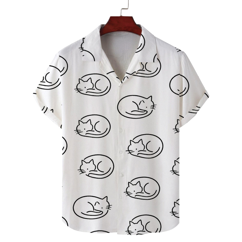 Men's Shirt Line Cat Geometric Dot Print New Minimalist Camp Collar Short Sleeve Light Fabric Casual Daily Male Outfits