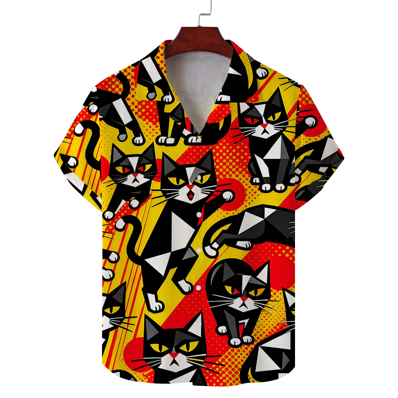 Men's Shirt Line Cat Geometric Dot Print New Minimalist Camp Collar Short Sleeve Light Fabric Casual Daily Male Outfits