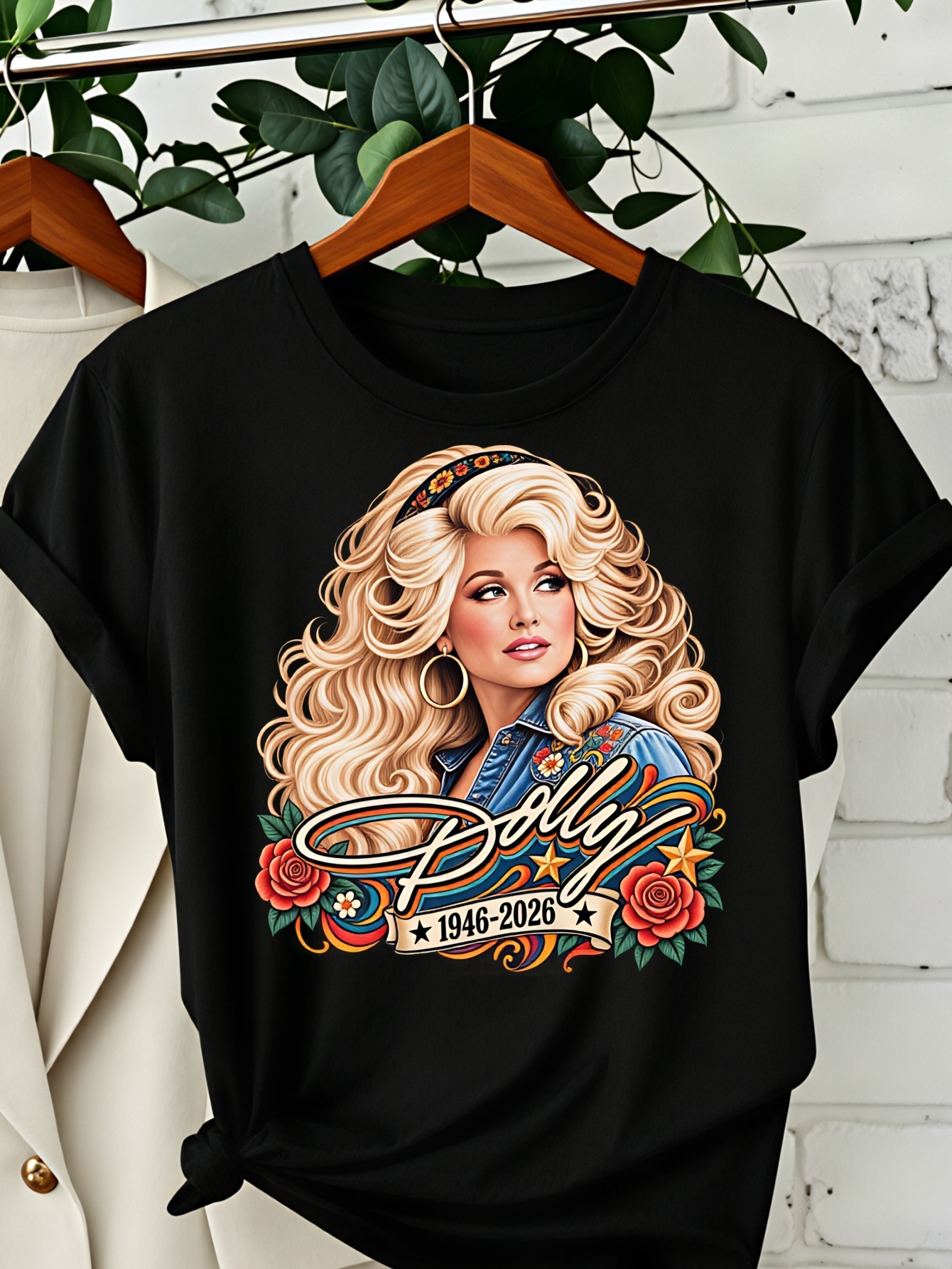 Retro Blonde Portrait Roses And Script Graphic Men'S T-Shirt, Vintage Swirl Crew Neck Tee for Country Music Fans And Casual Wear