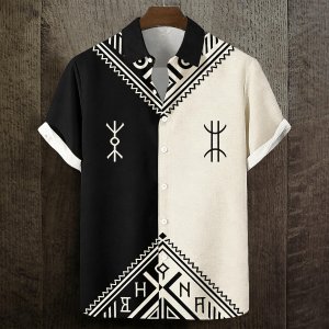 Men’s Black & White Split Tribal Rune Print Short Sleeve Shirt, Ethnic Geometric Button Down for Spring Summer Casual